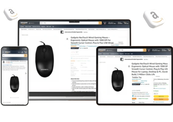 Amazon product listing across desktop, tablet, and mobile
