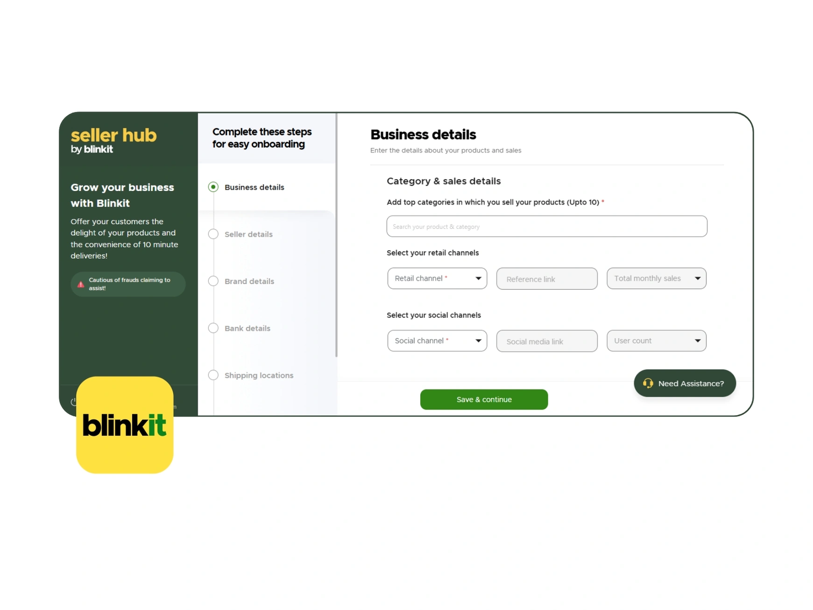Blinkit seller onboarding business details interface