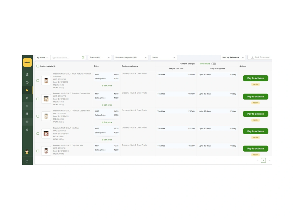 Blinkit seller product management interface