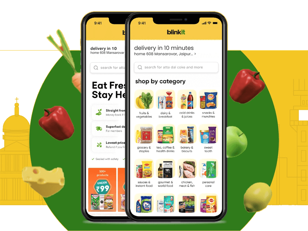 Blinkit mobile shopping visual with grocery products